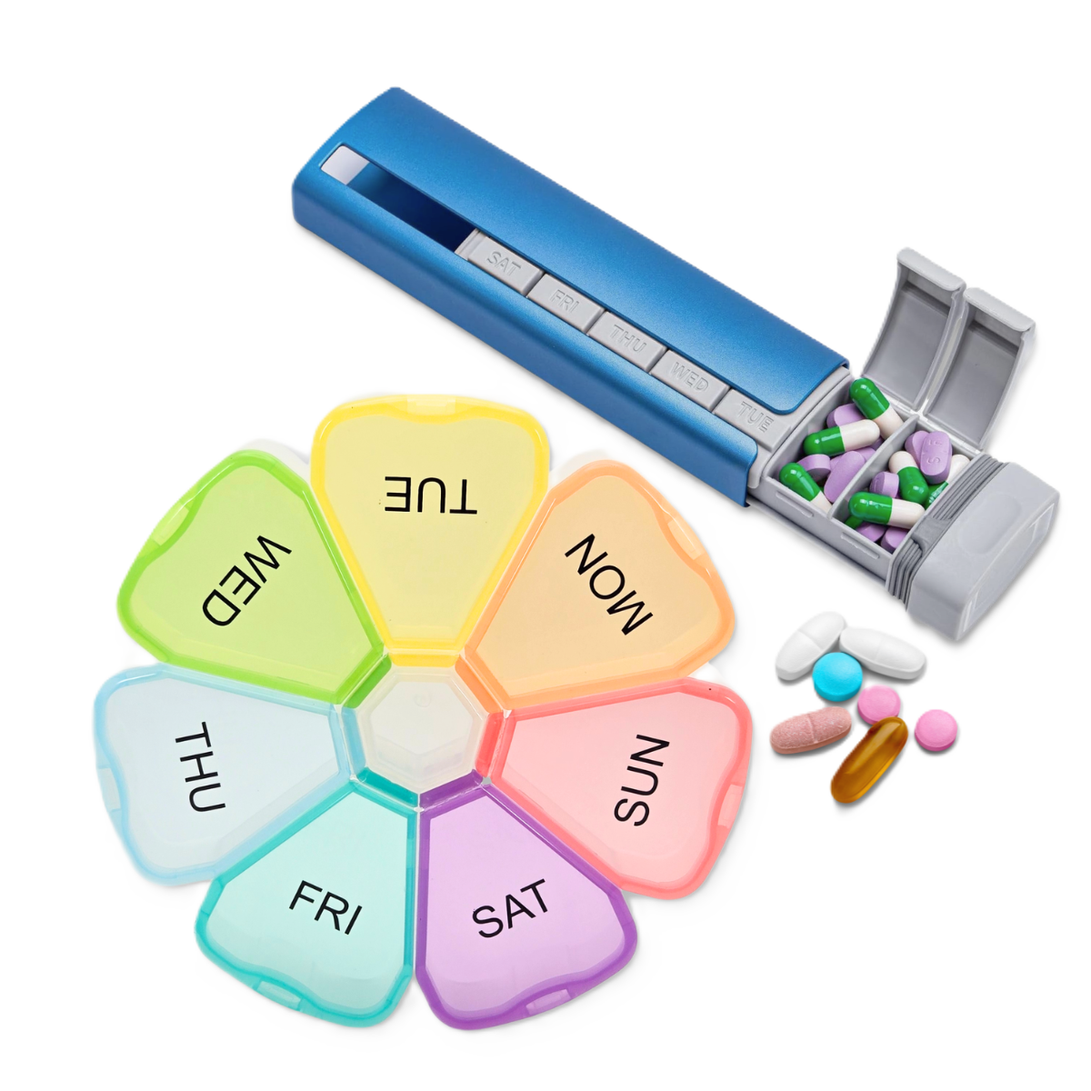 Clarvie weekly pill organizer and medicine case for daily vitamins, supplements, and two-times-a-day medication routines