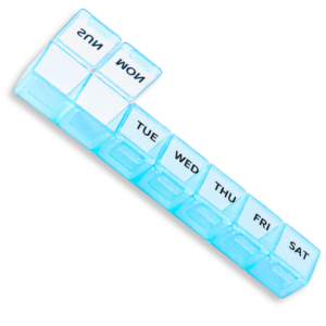 clarvie weekly pill organizer – portable medication & vitamin planner, bold weekday labels, compact travel pill case for supplements and medications (blue) (black)