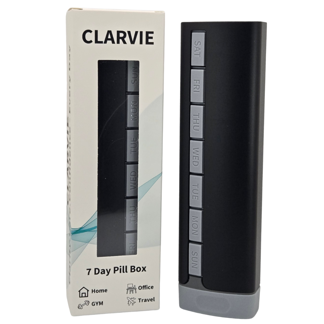 clarvie 7 day pill organizer – premium weekly pill box (black) clarvie 7 day pill organizer – premium weekly pill box (black)