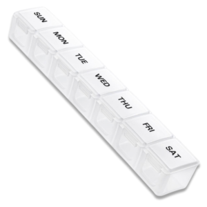 clarvie weekly pill organizer – portable medication & vitamin planner, bold weekday labels, compact travel pill case for supplements and medications (clear)