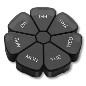 flower petals 7 day pill organizer – weekly vitamin & medication planner, travel friendly round pill case (black)