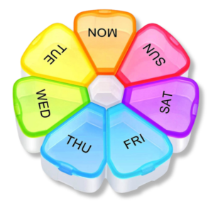 flower petals 7 day pill organizer – weekly vitamin & medication planner, travel friendly round pill case (multicolor)